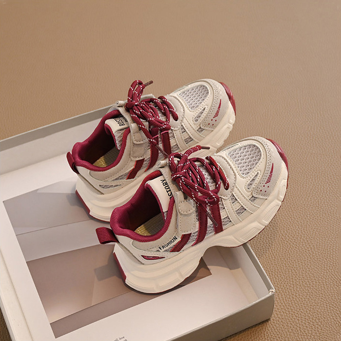 Pantofi sport pentru copii din PU+plasă respirabilă, închidere Velcro, talpă din cauciuc, model cu dungi, primăvară–toamnă