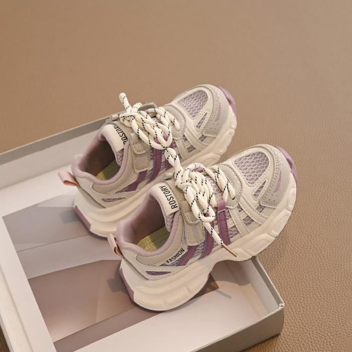 Pantofi sport pentru copii din PU+plasă respirabilă, închidere Velcro, talpă din cauciuc, model cu dungi, primăvară–toamnă