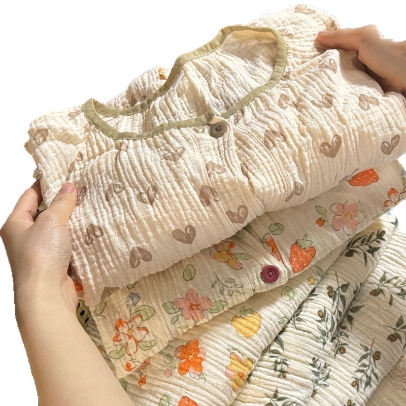 Σετ πιτζάμας από διπλό στρώμα βαμβακερού γάζας, ελαφρύ βαμβάκι, ζακέτα με στρογγυλό λαιμό, μακριά μανίκια και παντελόνια, σχεδιασμένο για έγκυες