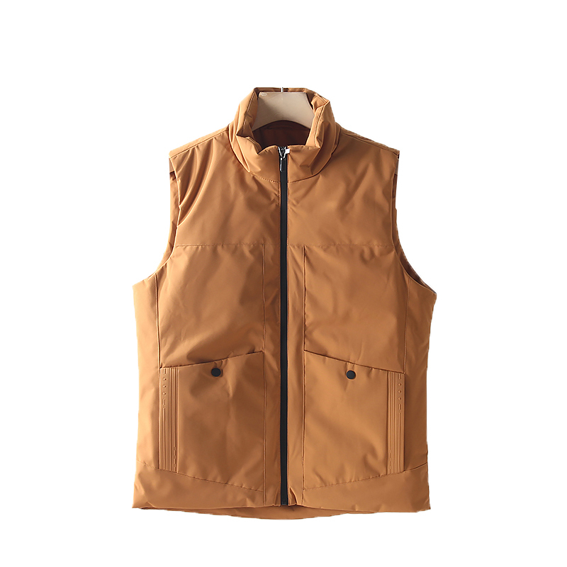 Férfi down mellény kacsa tollal, csíkos mintázat, álló gallér, dupla patentos záródás, karcsú fazon, poliészter anyag, hétköznapi viselet ősszel 2024