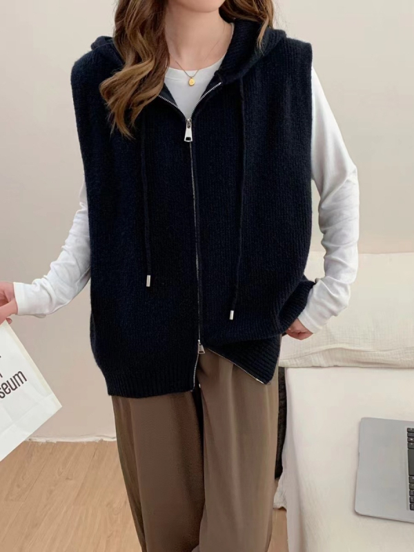 Γιλέκο με κουκούλα και φερμουάρ – χωρίς μανίκια, πλεκτό, σε χαλαρή γραμμή, κορεατικού στυλ; ύφασμα πολυεστέρα/ακρυλικό, μήκος 50–65 εκ