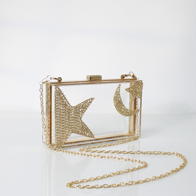 Akril láncos táska, vízszintes téglalap alakú, kis négyzet stílus, mágneszár, belső bélés szintetikus bőrrel