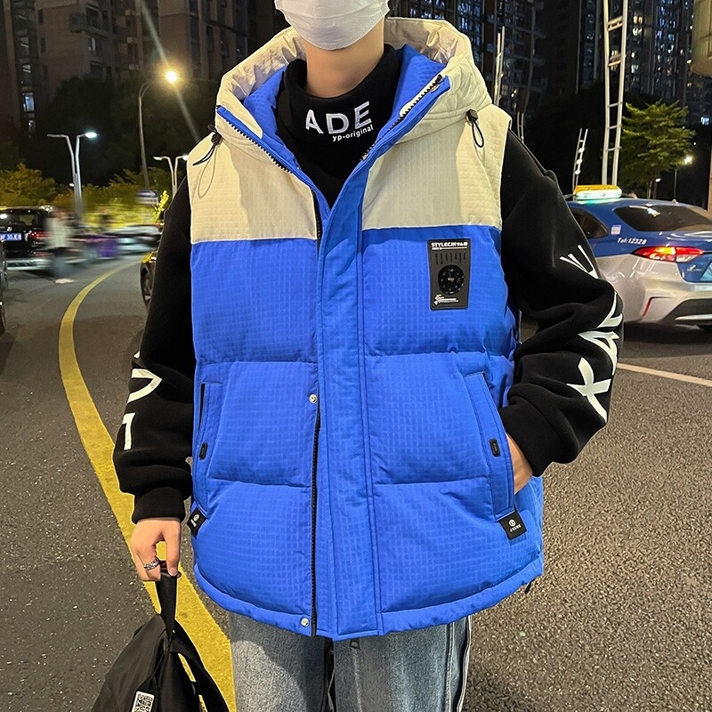 Férfi kapucnis pamut bélelt mellény - laza szabás, cipzár az elején, vastag téli viselet