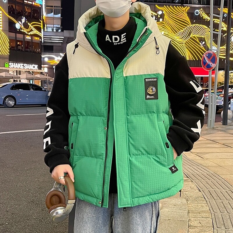 Férfi kapucnis pamut bélelt mellény - laza szabás, cipzár az elején, vastag téli viselet