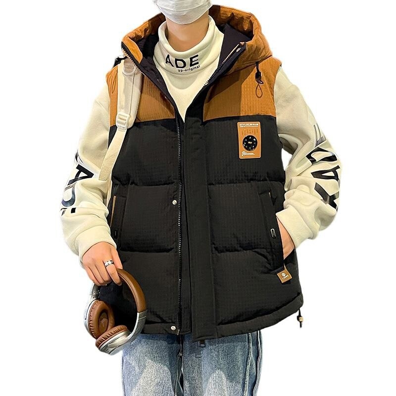 Férfi kapucnis pamut bélelt mellény - laza szabás, cipzár az elején, vastag téli viselet