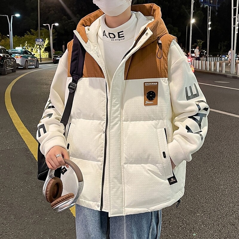 Férfi kapucnis pamut bélelt mellény - laza szabás, cipzár az elején, vastag téli viselet