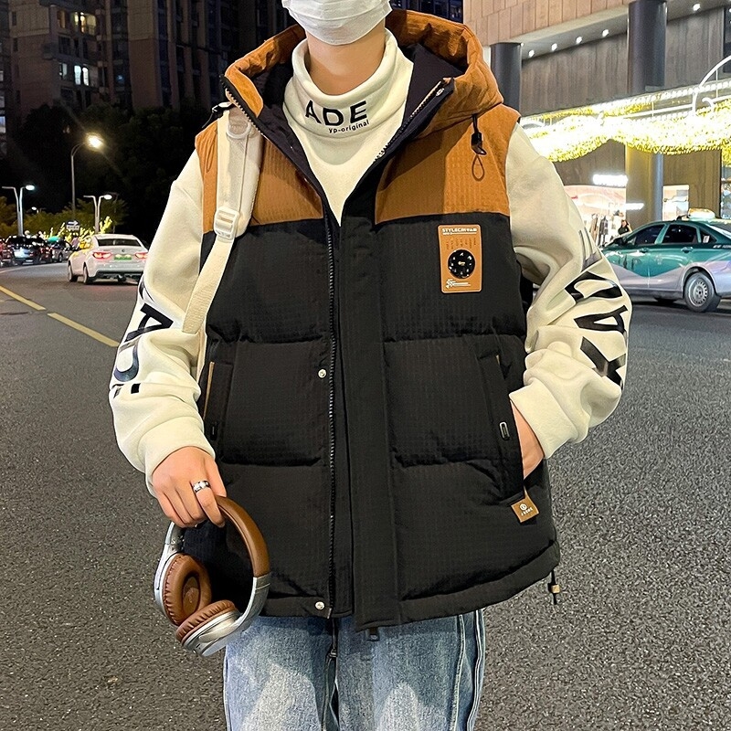 Férfi kapucnis pamut bélelt mellény - laza szabás, cipzár az elején, vastag téli viselet