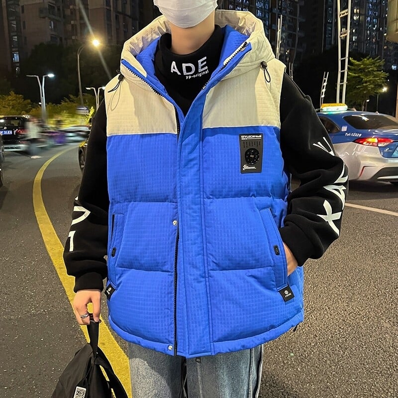 Férfi kapucnis pamut bélelt mellény - laza szabás, cipzár az elején, vastag téli viselet