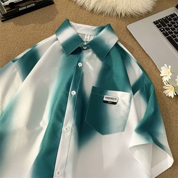 Košulja s gradijentnim tie-dye uzorkom, kratki rukavi, stojeći ovratnik, slobodan kroj, ljeto 2024