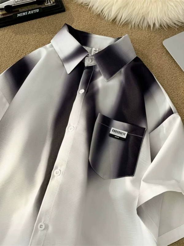 Košulja s gradijentnim tie-dye uzorkom, kratki rukavi, stojeći ovratnik, slobodan kroj, ljeto 2024