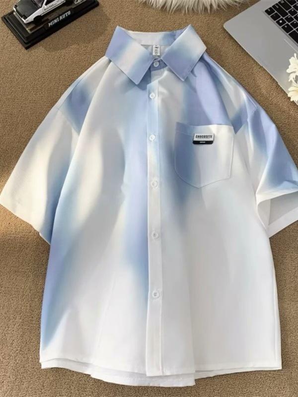 Košulja s gradijentnim tie-dye uzorkom, kratki rukavi, stojeći ovratnik, slobodan kroj, ljeto 2024