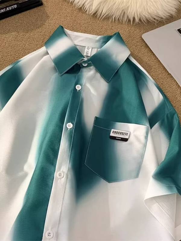 Košulja s gradijentnim tie-dye uzorkom, kratki rukavi, stojeći ovratnik, slobodan kroj, ljeto 2024