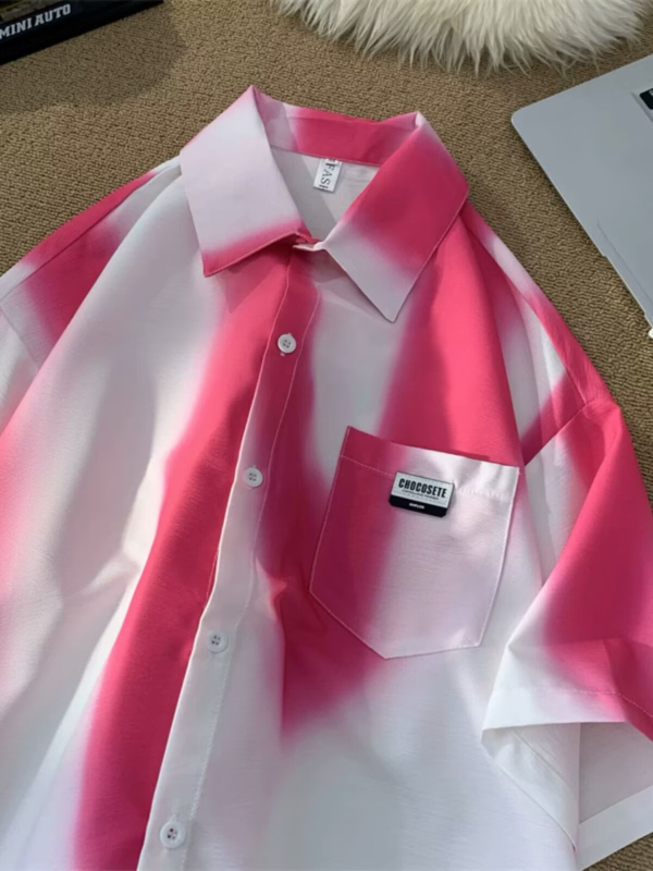 Košulja s gradijentnim tie-dye uzorkom, kratki rukavi, stojeći ovratnik, slobodan kroj, ljeto 2024
