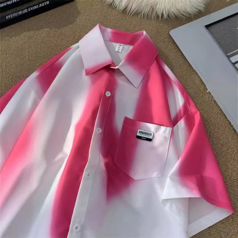 Košulja s gradijentnim tie-dye uzorkom, kratki rukavi, stojeći ovratnik, slobodan kroj, ljeto 2024