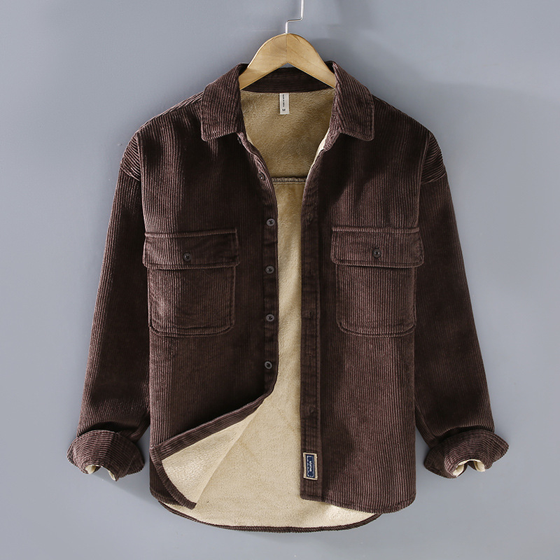 Corduroy Shirt, 100% Cotton Main Fabric, Japanese Vintage Loose Fit, Lapel Collar, Thickened Warmth