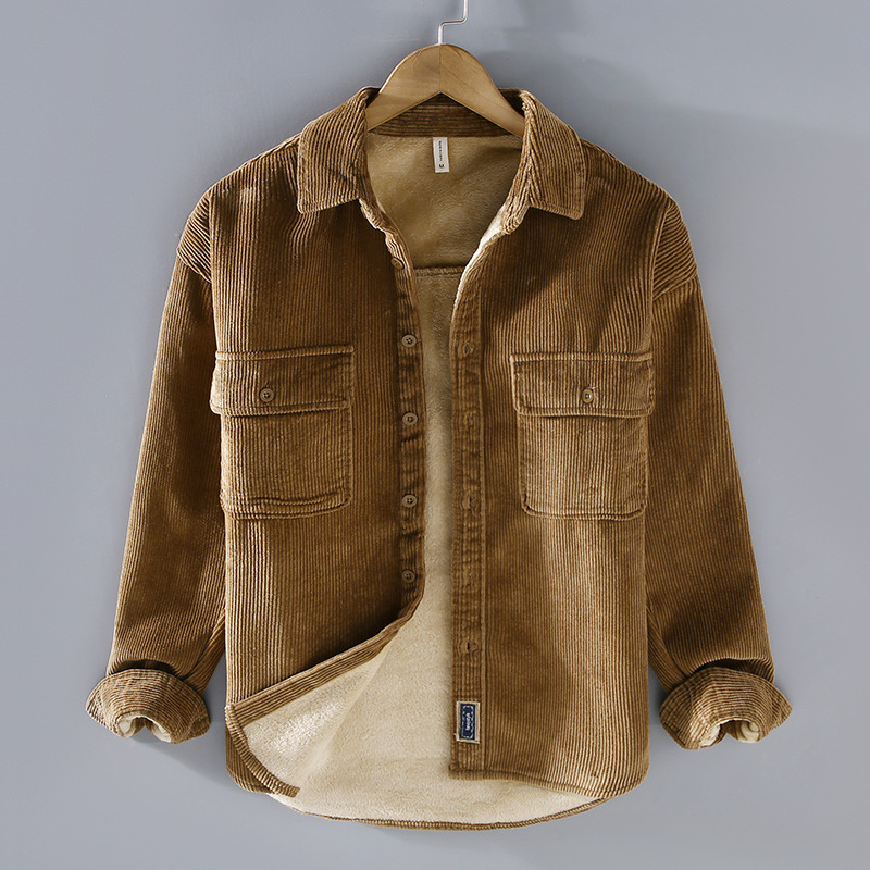 Corduroy Shirt, 100% Cotton Main Fabric, Japanese Vintage Loose Fit, Lapel Collar, Thickened Warmth