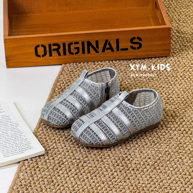 Sandale romane pentru copii, model korean, plasă perforată, vârf închis, Velcro, talpă din cauciuc, respirante, anti-derapare