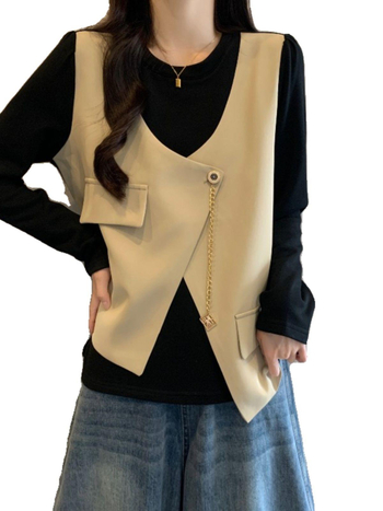 Γυναικεία μπλούζα σε μεγάλο μέγεθος με εφέ δύο τμημάτων, μακρύς-μανίκι, Chenille ύφασμα, Πολυεστέρας 90–95%, στρογγυλό λαιμό, φαρδιά γραμμή, χειμερινή μόδα 2025 ιαπωνο-κορεατικό στυλ