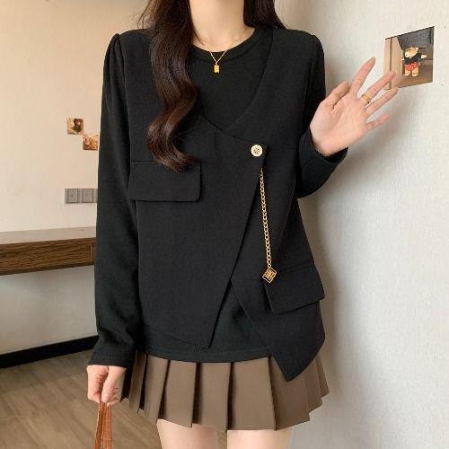 Γυναικεία μπλούζα σε μεγάλο μέγεθος με εφέ δύο τμημάτων, μακρύς-μανίκι, Chenille ύφασμα, Πολυεστέρας 90–95%, στρογγυλό λαιμό, φαρδιά γραμμή, χειμερινή μόδα 2025 ιαπωνο-κορεατικό στυλ