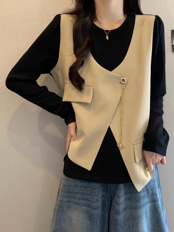 Γυναικεία μπλούζα σε μεγάλο μέγεθος με εφέ δύο τμημάτων, μακρύς-μανίκι, Chenille ύφασμα, Πολυεστέρας 90–95%, στρογγυλό λαιμό, φαρδιά γραμμή, χειμερινή μόδα 2025 ιαπωνο-κορεατικό στυλ