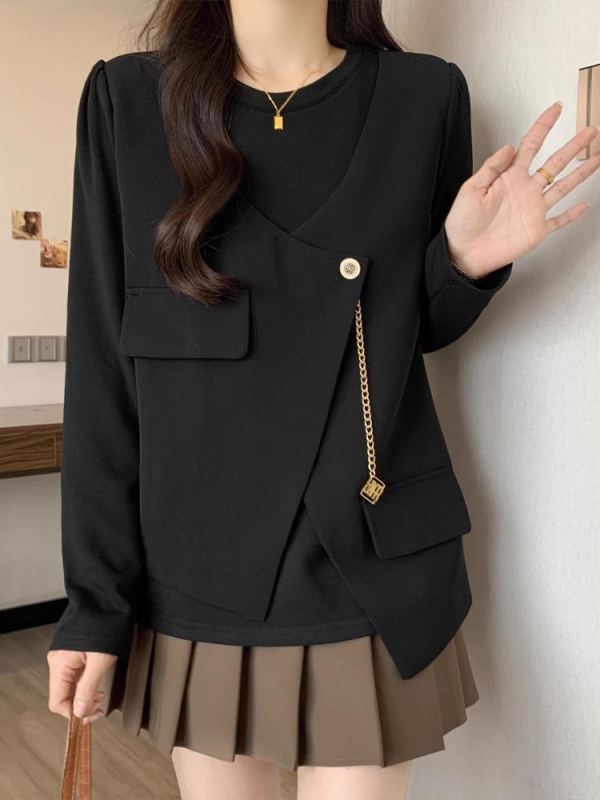 Γυναικεία μπλούζα σε μεγάλο μέγεθος με εφέ δύο τμημάτων, μακρύς-μανίκι, Chenille ύφασμα, Πολυεστέρας 90–95%, στρογγυλό λαιμό, φαρδιά γραμμή, χειμερινή μόδα 2025 ιαπωνο-κορεατικό στυλ