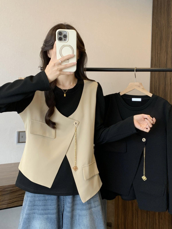 Γυναικεία μπλούζα σε μεγάλο μέγεθος με εφέ δύο τμημάτων, μακρύς-μανίκι, Chenille ύφασμα, Πολυεστέρας 90–95%, στρογγυλό λαιμό, φαρδιά γραμμή, χειμερινή μόδα 2025 ιαπωνο-κορεατικό στυλ