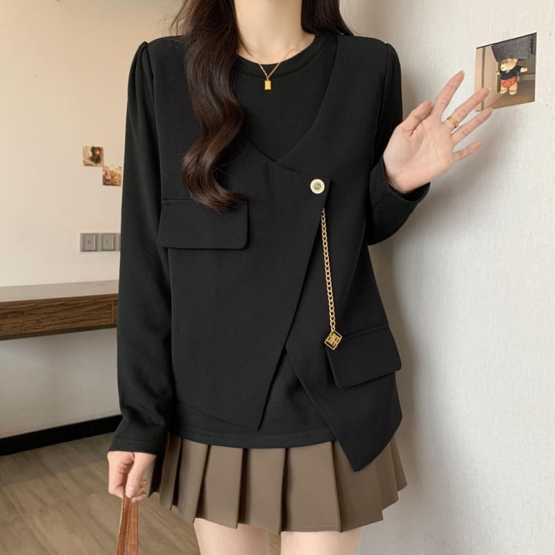 Γυναικεία μπλούζα σε μεγάλο μέγεθος με εφέ δύο τμημάτων, μακρύς-μανίκι, Chenille ύφασμα, Πολυεστέρας 90–95%, στρογγυλό λαιμό, φαρδιά γραμμή, χειμερινή μόδα 2025 ιαπωνο-κορεατικό στυλ