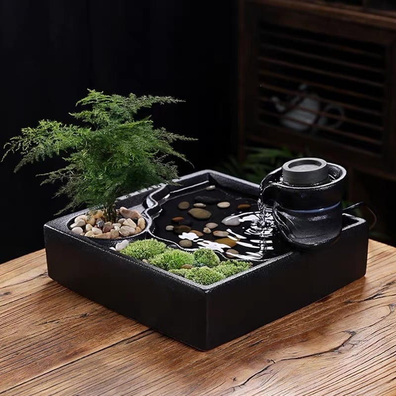 Feng shui vodeni fontan – amulet bogatstva s kotačem, ručno izrađena keramika, glazirana površina, moderni minimalistički stil, mogućnost prilagodbe, stolni dekor