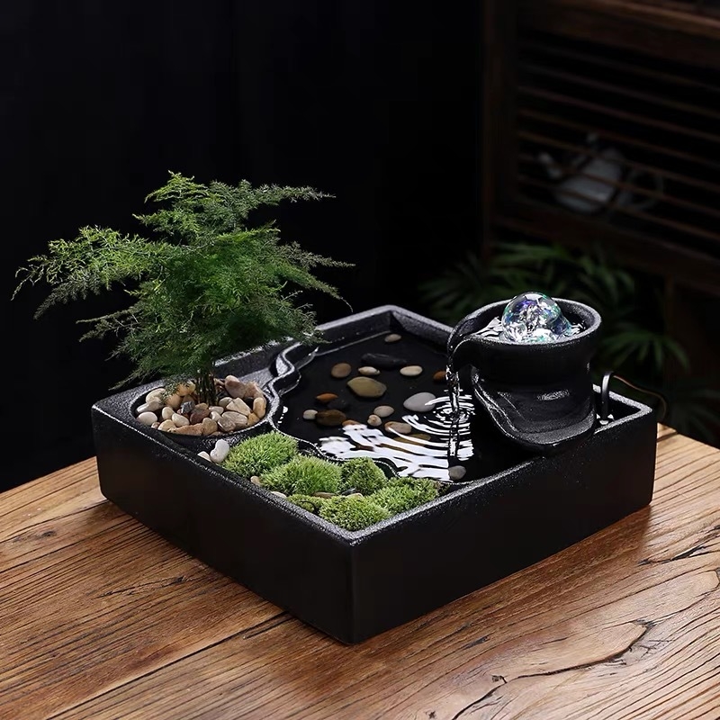Feng shui vodeni fontan – amulet bogatstva s kotačem, ručno izrađena keramika, glazirana površina, moderni minimalistički stil, mogućnost prilagodbe, stolni dekor
