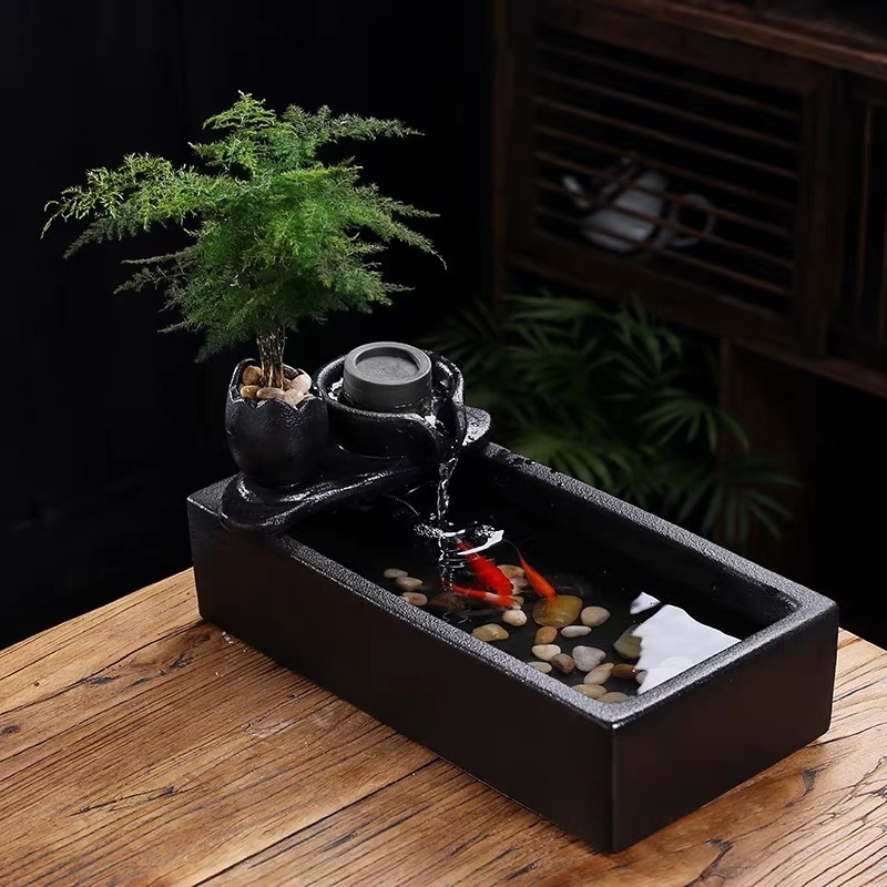 Feng shui vodeni fontan – amulet bogatstva s kotačem, ručno izrađena keramika, glazirana površina, moderni minimalistički stil, mogućnost prilagodbe, stolni dekor