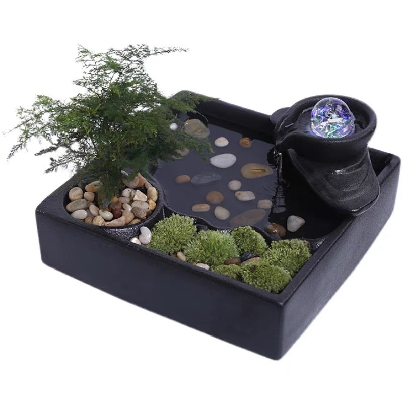 Feng shui vodeni fontan – amulet bogatstva s kotačem, ručno izrađena keramika, glazirana površina, moderni minimalistički stil, mogućnost prilagodbe, stolni dekor