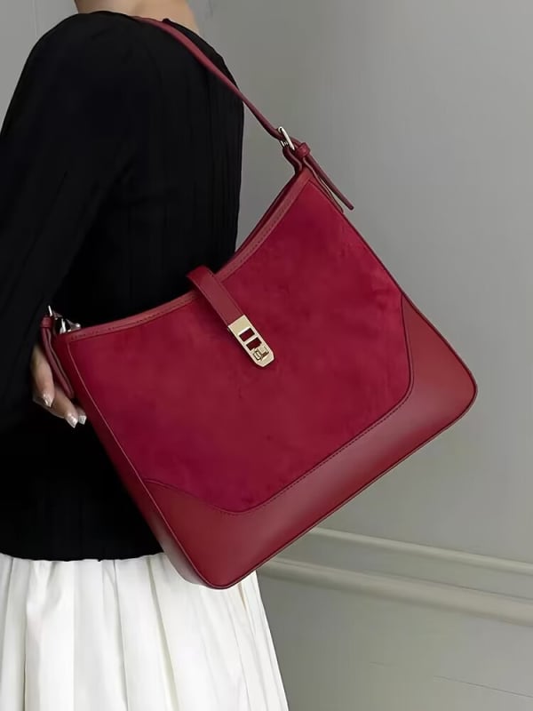 Ženska suede torba za ramena s zaključavanjem, horizontalni kvadratni oblik, unutarnja pretinica za ID i pretinac sa zatvaračem, podstava od poliester-pamuk