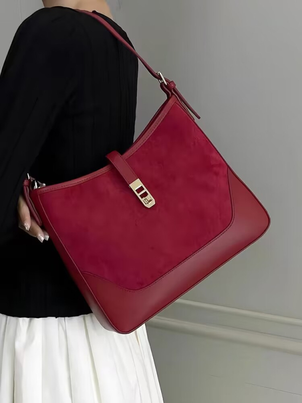Ženska suede torba za ramena s zaključavanjem, horizontalni kvadratni oblik, unutarnja pretinica za ID i pretinac sa zatvaračem, podstava od poliester-pamuk