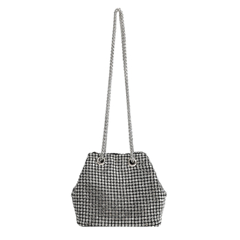 Torba-košara s kristalima i lancem, gradski minimalistički stil, PU koža, magnetsko zatvaranje, unutarnje pregrade: zip pretinac, pretinac za telefon, ID pretinac, jedna naramenica