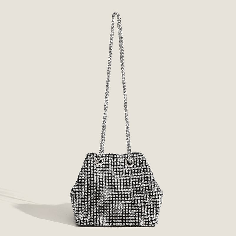 Torba-košara s kristalima i lancem, gradski minimalistički stil, PU koža, magnetsko zatvaranje, unutarnje pregrade: zip pretinac, pretinac za telefon, ID pretinac, jedna naramenica