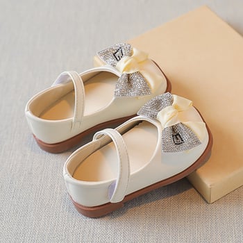 Pantofi pentru Fete - Fundă brodată în stil coreean, închidere Velcro, partea superioară PU, branț PU, talpă din tendoane de vițel, respirabili, anti-derapare, rezistenți la uzură