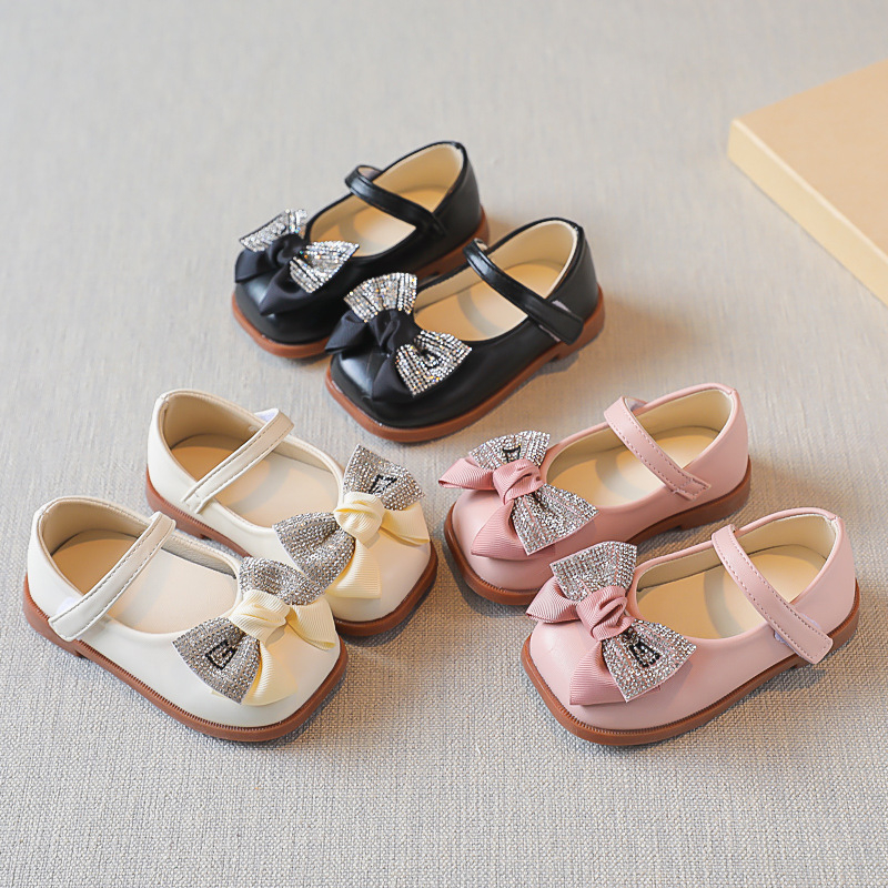 Pantofi pentru Fete - Fundă brodată în stil coreean, închidere Velcro, partea superioară PU, branț PU, talpă din tendoane de vițel, respirabili, anti-derapare, rezistenți la uzură