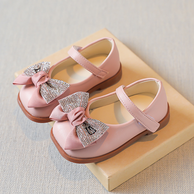 Pantofi pentru Fete - Fundă brodată în stil coreean, închidere Velcro, partea superioară PU, branț PU, talpă din tendoane de vițel, respirabili, anti-derapare, rezistenți la uzură