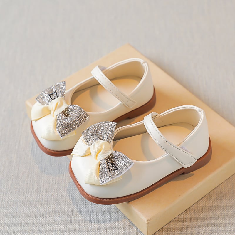 Pantofi pentru Fete - Fundă brodată în stil coreean, închidere Velcro, partea superioară PU, branț PU, talpă din tendoane de vițel, respirabili, anti-derapare, rezistenți la uzură