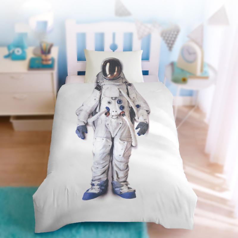 Set de pat pentru copii, trei piese, cu imprimeu digital urs astronaut, imprimare reactivă, țesătură periată, personalizabil