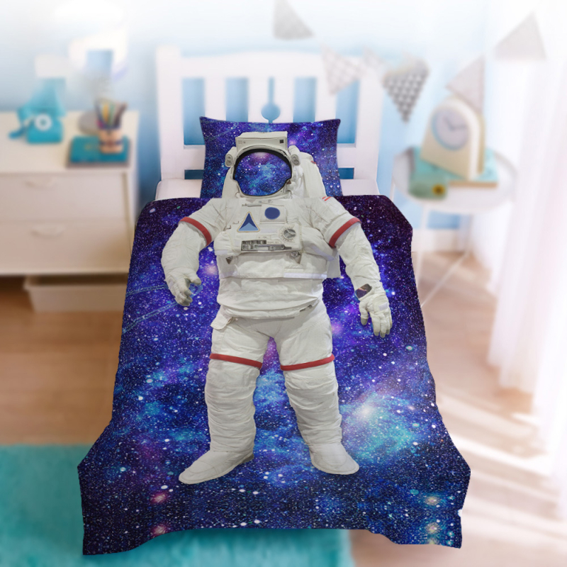 Set de pat pentru copii, trei piese, cu imprimeu digital urs astronaut, imprimare reactivă, țesătură periată, personalizabil