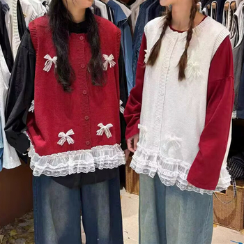 Γυναικείο γιλέκο-καρντίγκαν με ένθετο δαντελένας φιόγκος, στρογγυλός λαιμός, χαλαρή εφαρμογή, 70–80% μαλλί με PU επένδυση