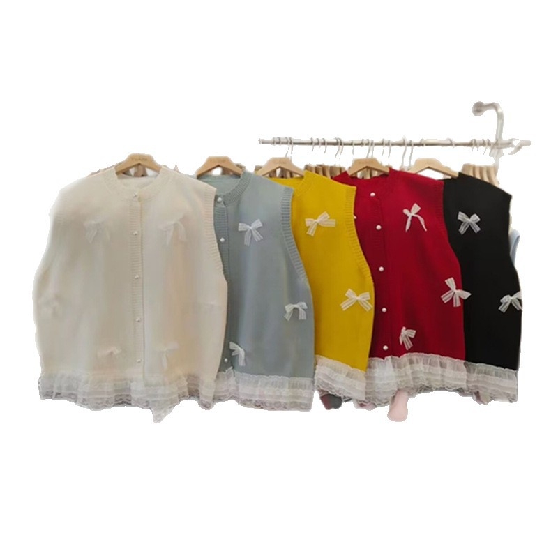 Γυναικείο γιλέκο-καρντίγκαν με ένθετο δαντελένας φιόγκος, στρογγυλός λαιμός, χαλαρή εφαρμογή, 70–80% μαλλί με PU επένδυση