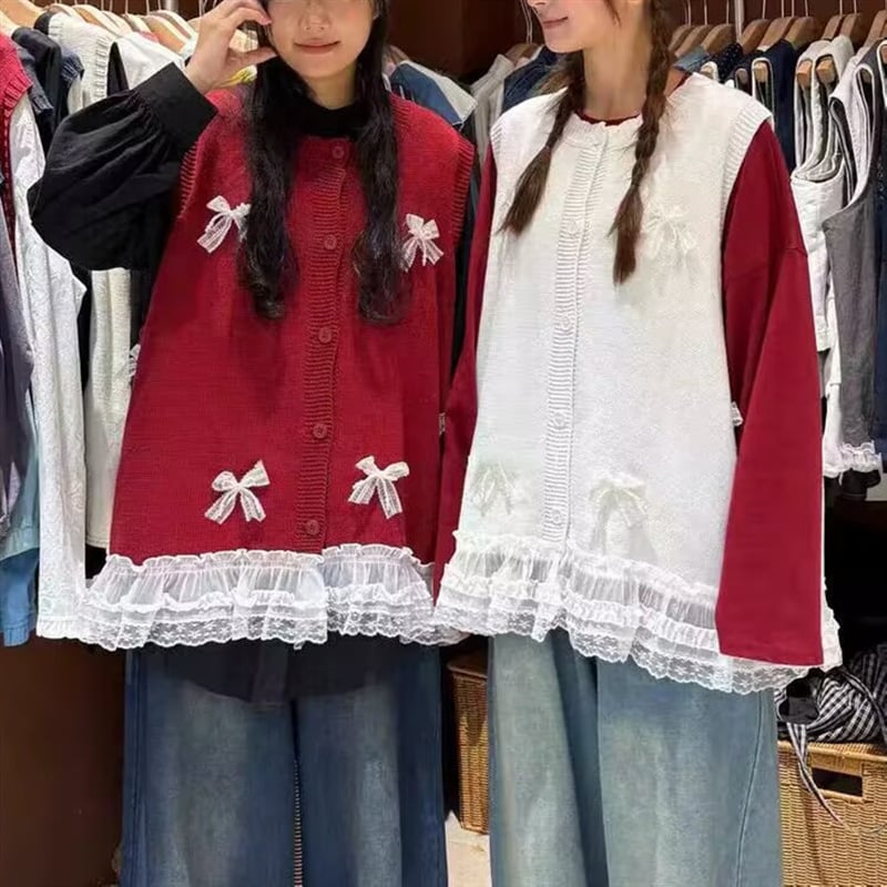 Γυναικείο γιλέκο-καρντίγκαν με ένθετο δαντελένας φιόγκος, στρογγυλός λαιμός, χαλαρή εφαρμογή, 70–80% μαλλί με PU επένδυση