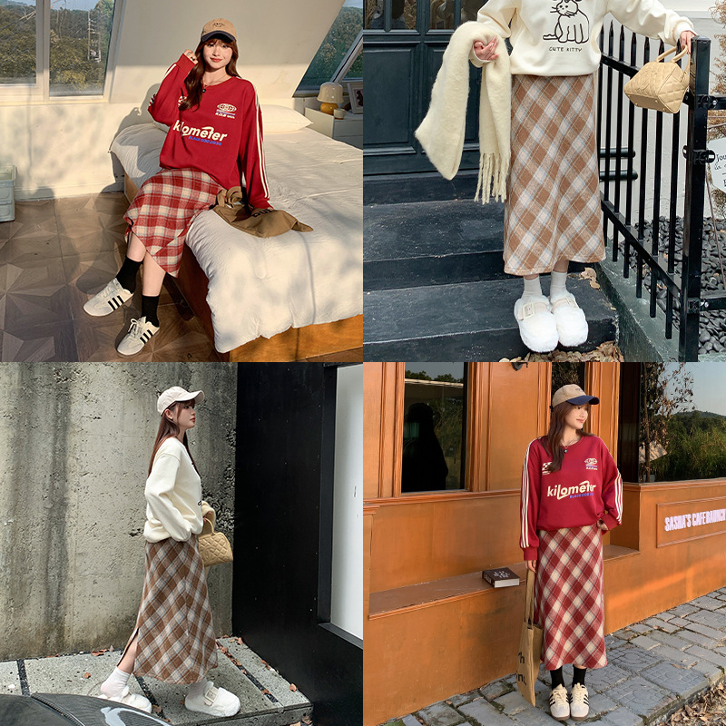 Dámska sukňa s vysokým pásom, káro vzorom, strednej dĺžky, polyester, jar 2025