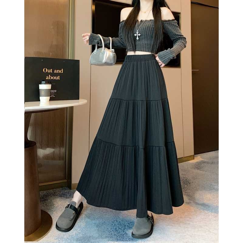 A-line vlnená sukňa, sukňa typu dážnik, vysoký pás, dlhá, textúra s vráskami, zima 2025, elegantný pracovný štýl