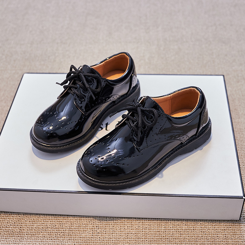 Pantofi pentru băieți din piele PU, talpă din cauciuc, vârf rotund, închidere frontală, stil britanic