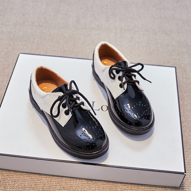 Pantofi pentru băieți din piele PU, talpă din cauciuc, vârf rotund, închidere frontală, stil britanic