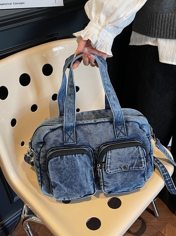 Ženska denim crossbody torbica, minimalističkog malog kvadratnog stila, zatvaranje na zatvarač, poliester podstava, skriveni džep sa zatvaračem i džep za telefon