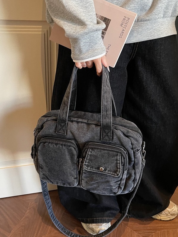 Ženska denim crossbody torbica, minimalističkog malog kvadratnog stila, zatvaranje na zatvarač, poliester podstava, skriveni džep sa zatvaračem i džep za telefon